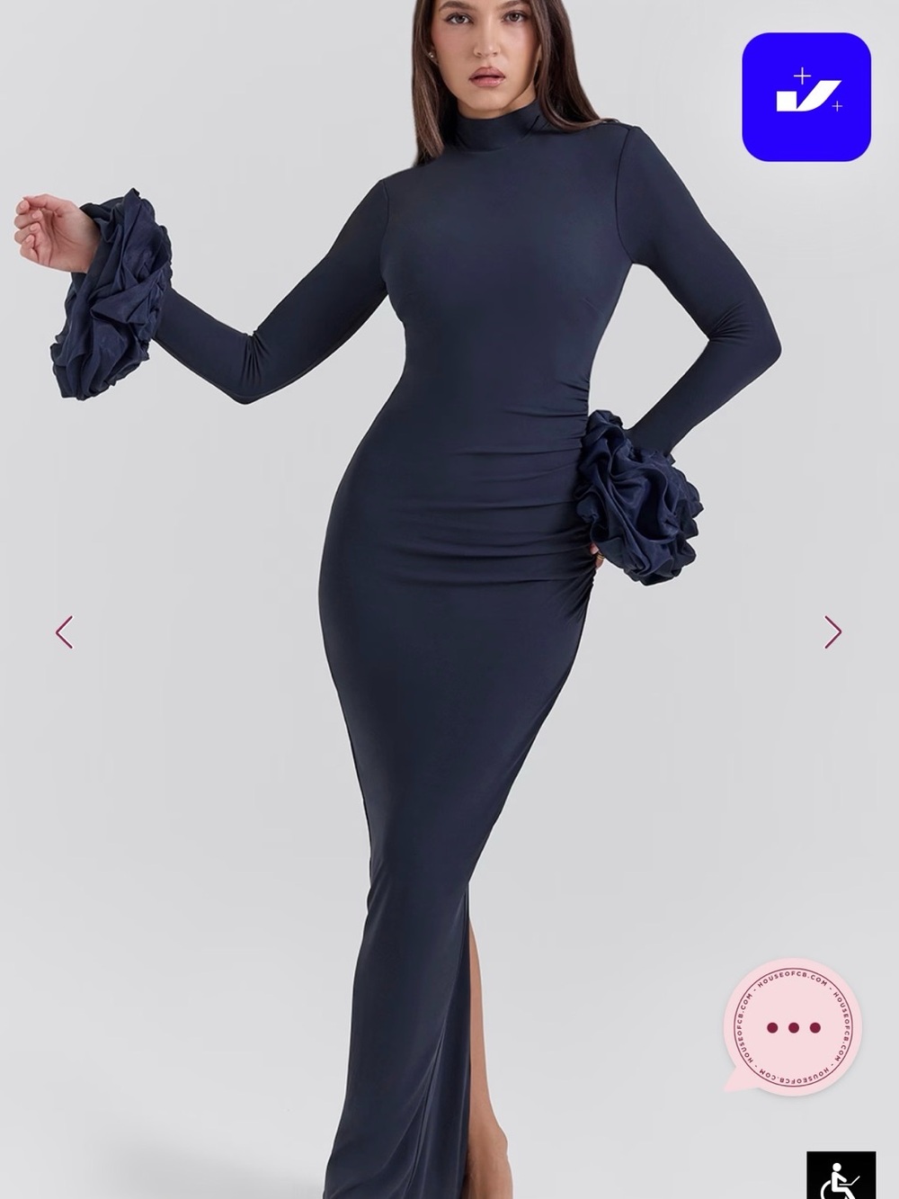 House of CB Fabienne Navy Long-Sleeve Maxi Gown with Floral Cuffs - Picture 4 of 9